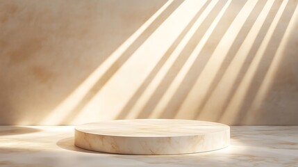 Canvas Print - Sunlit marble pedestal on beige background.