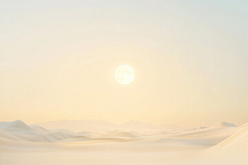 Wall Mural - Serene sunrise over tranquil desert landscape with soft sand dunes and distant mountains under a clear sky.