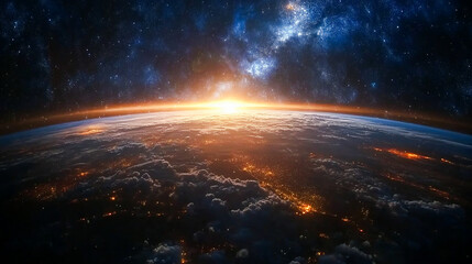 Wall Mural - Stunning View of Stars and Milky Way Above Earth Glow at Night from Space Showing Cloud Formations and City Lights, Perfect for Inspirational and Educational Purposes