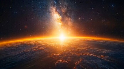 Wall Mural - Stunning View of Stars and Milky Way Above Earth Glow at Night from Space Showing Cloud Formations and City Lights, Perfect for Inspirational and Educational Purposes