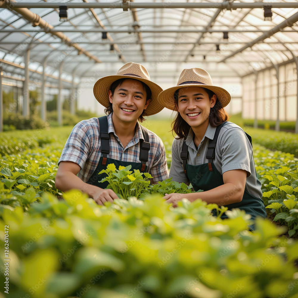 Two cheerful Asian farmers in hats smile amongst their thriving leafy ...
