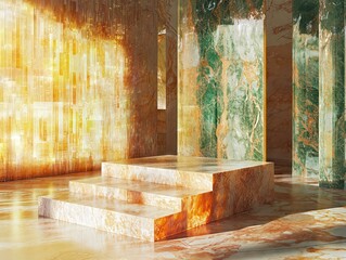 Canvas Print - Luxurious marble staircase bathed in sunlight in a sophisticated interior design with green marble walls