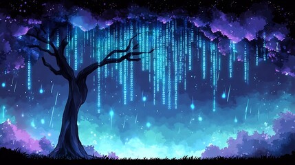 Wall Mural - Mystical Tree Glowing Blue Light Rain Digital Art. AI Generated