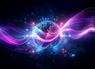 Wall Mural - a glowing globe encircled by vibrant purple and blue light trails against a dark backdrop, creating 