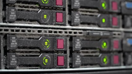 Wall Mural - modern database servers connected to switch in the server room rack. hosting data center. it tech 4k