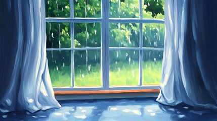 Sticker - Serene Rain Day Window View Soft Light. AI Generated