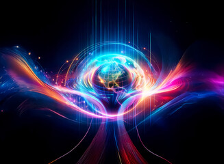 Wall Mural - a glowing globe is encircled by vibrant light streaks on a dark backdrop, creating an abstract and d