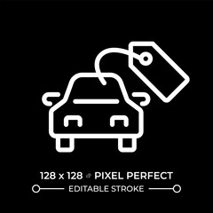 Wall Mural - Buying car pixel perfect white linear icon for dark theme. Vehicle pricing tag. Automobile maintenance. Financial management. Thin line illustration. Isolated symbol for night mode. Editable stroke