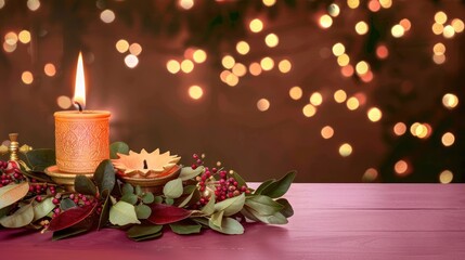 Wall Mural - Warm Candlelight with Festive Decor and Bokeh Background for Holiday Celebration and Winter Delight