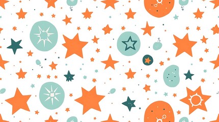 Wall Mural - Starry Sky Seamless Pattern: A whimsical and playful seamless pattern featuring a scattered array of orange stars, blue circles, and tiny white dots.