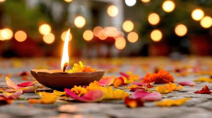 Wall Mural - Diwali Candle Light Illuminating Floral Petals in Festival Celebration with Beautiful Bokeh Background