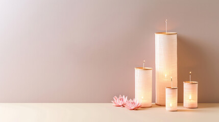 Wall Mural - Elegant Candle Display with Soft Light and Pink Lotus Flowers on a Minimalist Background for Relaxation and Serenity