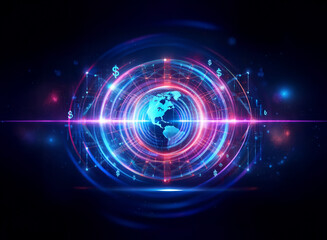 Wall Mural - vibrant globe at center with concentric rings and radiating lines creates an abstract digital networ