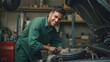 © kineter_ai - Confident 30-year-old Latin male mechanic in work uniform, smiling while tightening engine bolts under car hood in an organized garage with automotive parts displayed.