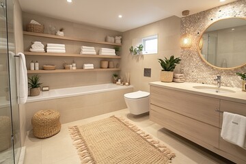 Modern bathroom design with natural elements and neutral tones featuring a spacious layout and stylish decor