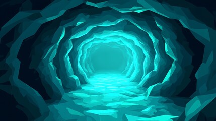 Wall Mural - Ethereal glowing cyan light illuminates a mysteriously winding ice cave tunnel. AI Generated