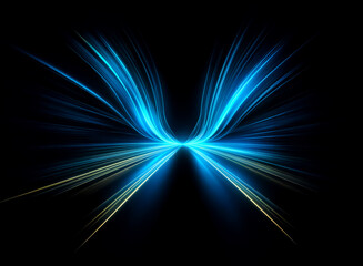 Wall Mural - abstract blue and yellow light streaks burst from the center, expanding outwards on a black backgrou
