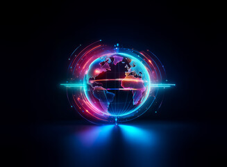 Wall Mural - stylized globe illuminated with neon lights. digital energy streams and particles orbit this vibrant