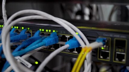 Wall Mural - Close up view internet equipment cables in the server room communication and internet network server