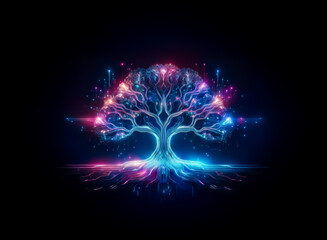 Canvas Print - A luminous tree with radiant pink and blue energy emanates against a stark black backdrop, symbolizing growth and vibrant life force.