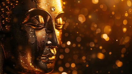 Wall Mural - A close-up of a golden Buddha statue against a blurred background of golden bokeh lights.