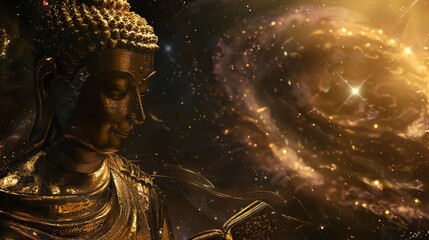 Wall Mural - A golden Buddha statue sits in a peaceful, mystical setting with a swirling, glowing background.