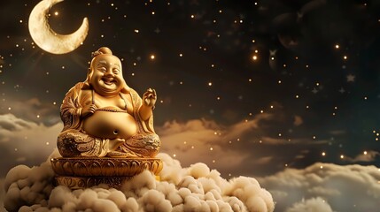 Wall Mural - A golden statue of the Laughing Buddha sitting on clouds with a crescent moon in the background.