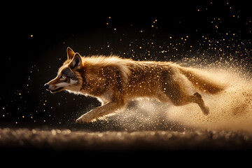 Wall Mural - A wolf running at high speed, with golden light shining on its body and the background is dark black.