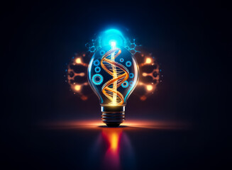 Poster - A bright light bulb illuminates a DNA helix encased within, representing scientific discovery and innovation. Molecular structures surround it in a dark space, symbolizing connection and advancement.
