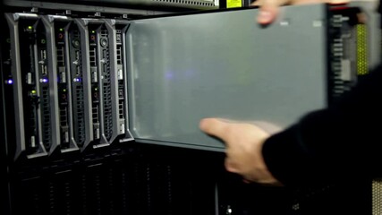 Wall Mural - modern database servers connected to switch in the server room rack. hosting data center. it tech 4k