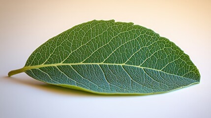 Wall Mural - Close-up of a green leaf's underside, detailed vein structure, studio shot on a light background