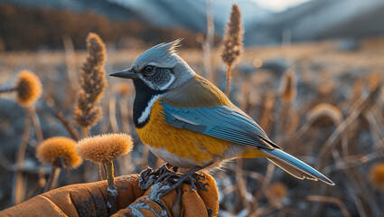 colorful bird standing on researcher's hand in natural habitat