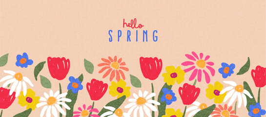 Wall Mural - cute hello spring card or horizontal poster for spring holidays with wildflowers, daisies, and tulip