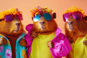 Wall Mural - creative animal concept. group of capibara in funky wacky wild mismatch colourful outfits on bright 