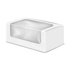 Wall Mural - white blank clamshell paper box with clear plastic window. realistic 3d vector mock-up. cardboard bo