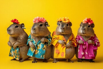 Wall Mural - creative animal concept. group of capibara in funky wacky wild mismatch colourful outfits on bright 