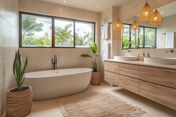 Poster - Modern bathroom design featuring a freestanding tub, natural elements, and abundant light in a tropical setting