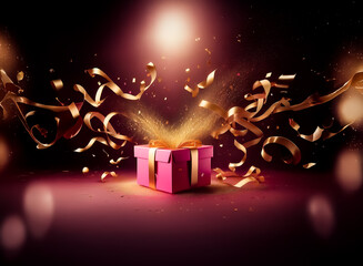 Wall Mural - a pink gift box sits center stage, radiating golden sparkles and ribbons against a dark, illuminated