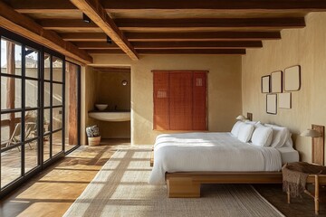 Poster - Modern bedroom interior featuring natural materials and large windows with outdoor view in a serene environment