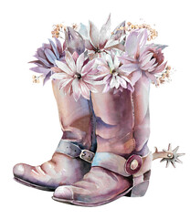 Cowboy leather boots with spurs and flowers. Vintage brown shoes hand drawn watercolor illustration