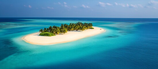 Wall Mural - Aerial view of a pristine tropical beach with crystal-clear turquoise waters gently lapping the white sand shoreline, palm trees lining the coast under a vast blue sky dotted with fluffy clouds