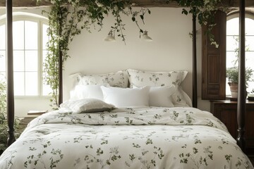 Aufkleber - Cozy bedroom with floral bedding and plants creating a serene atmosphere in a stylish interior setting