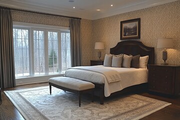 Poster - Elegantly decorated bedroom with large windows overlooking a serene wooded area in soft natural light