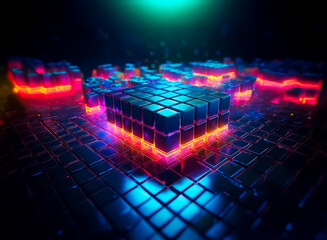 Aufkleber - Abstract digital art with illuminated cubes in vibrant neon colors, creating a futuristic and technological atmosphere with glowing and reflective surfaces.