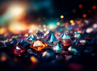 Poster - Colorful gemstones, diamonds, and crystals sparkle and shine on a dark surface. Bokeh lights create a luxurious and glittering effect in the background.