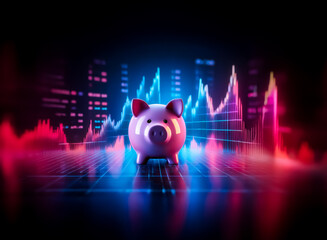 Aufkleber - Piggy bank stands out against a vibrant financial chart backdrop, illuminated with neon hues. Depicts savings growth, investment strategy, and economic trends in a modern, digital style.