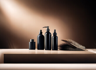 Wall Mural - elegant black bottles sit on a beige platform with a feather. soft brown backdrop and spotlight crea