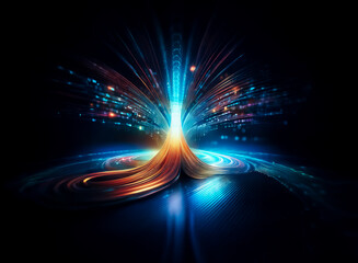 Aufkleber - Abstract luminous energy bursts forth, creating a dynamic flow.  Glowing streaks of blue and gold radiate from a central point, evoking a futuristic and vibrant feel against a dark backdrop.