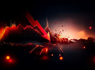 Leinwandbilder - A red arrow dramatically plunges downwards, shattering a surface. A graph in the background and fiery colors evoke a sense of financial decline and economic crisis.