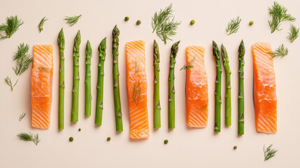 Wall Mural - Artistic flat lay of smoked salmon and fresh asparagus with herbs, showcasing vibrant colors and textures, perfect for culinary presentations